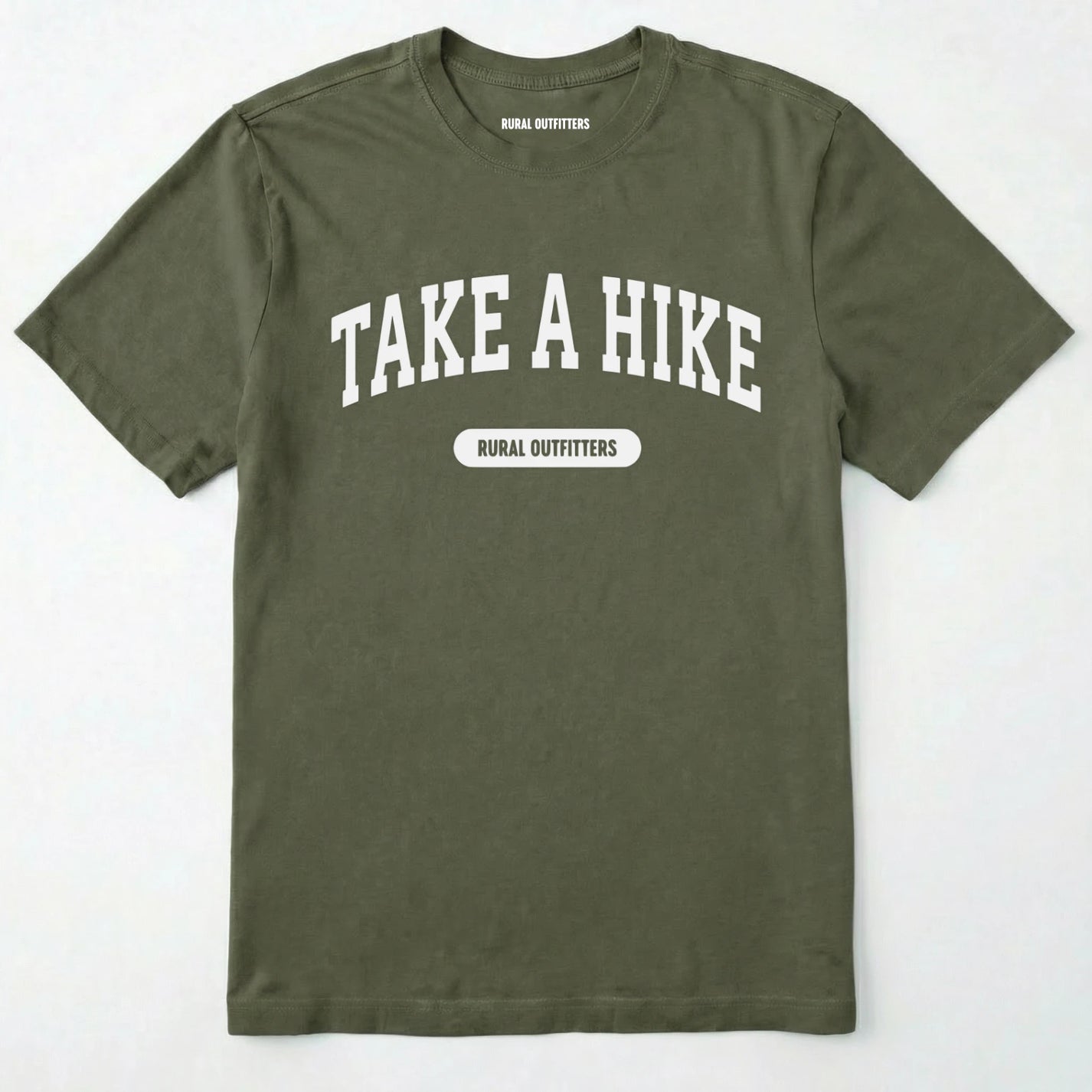 Military Green take a hike t-shirt on a plain white background