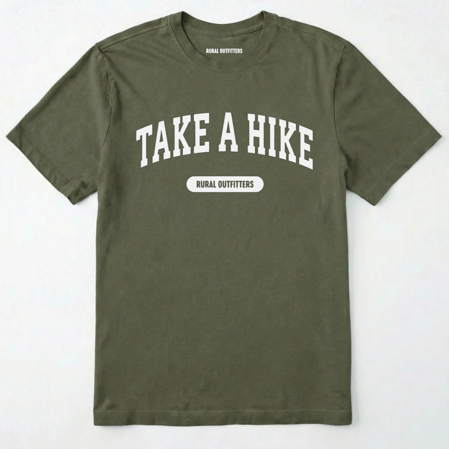 Military Green take a hike t-shirt on a plain white background
