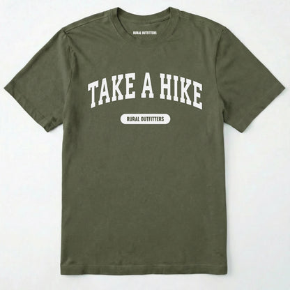 Military Green take a hike t-shirt on a plain white background