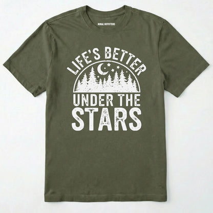 Military Green life's better under the stars t-shirt with forest and moon graphic on a white background.