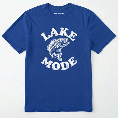Royal t-shirt with 'lake mode' graphic and fish illustration on a white background