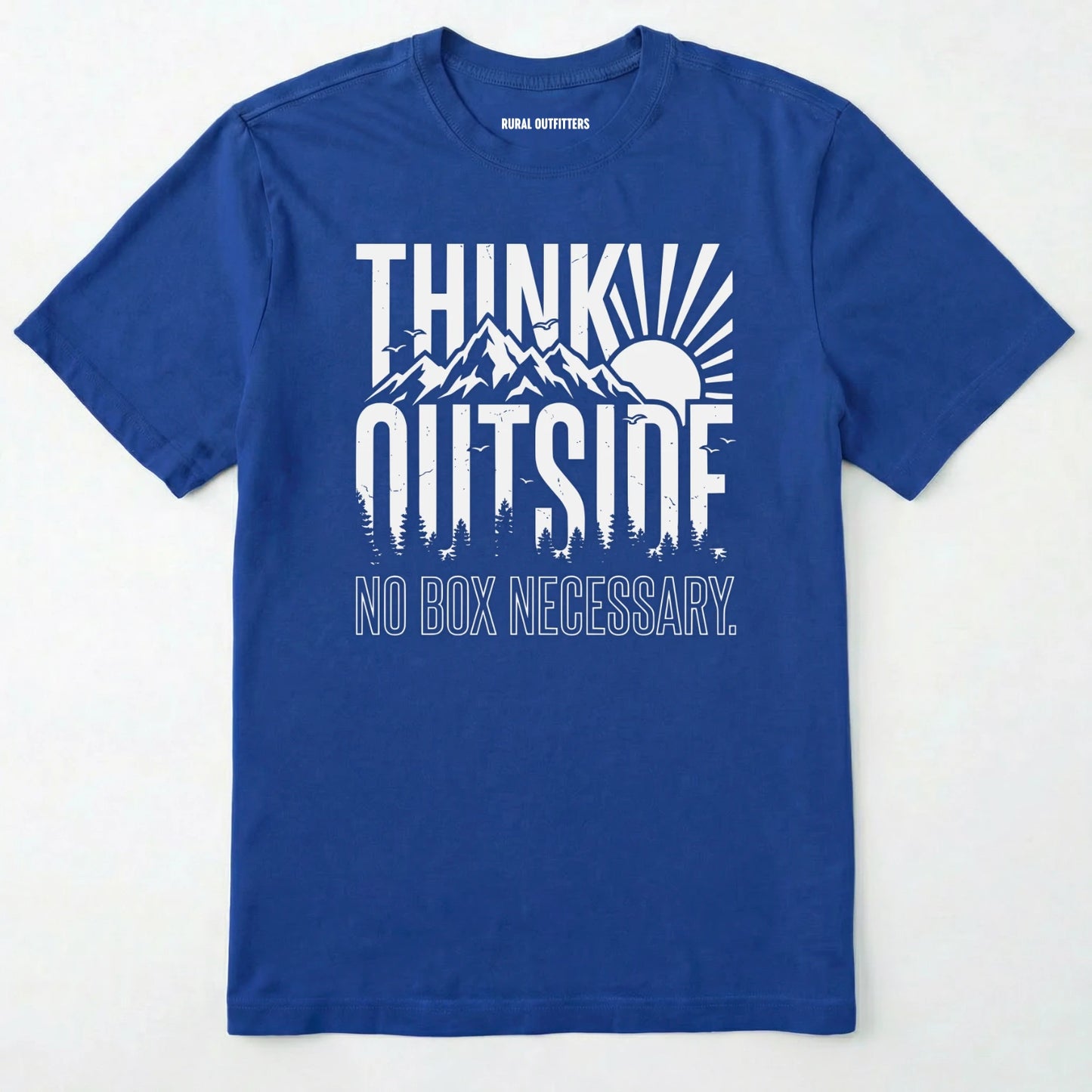 Royal t-shirt with 'think outside, no box necessary' text and mountain graphic on a white background
