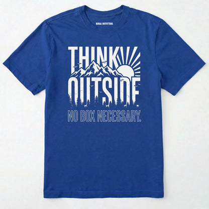 Royal t-shirt with 'think outside, no box necessary' text and mountain graphic on a white background