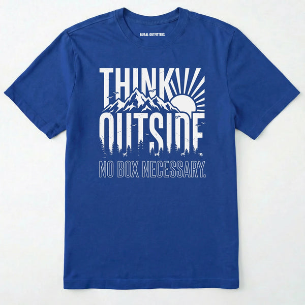Royal t-shirt with 'think outside, no box necessary' text and mountain graphic on a white background