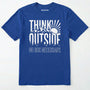 Royal t-shirt with 'think outside, no box necessary' text and mountain graphic on a white background