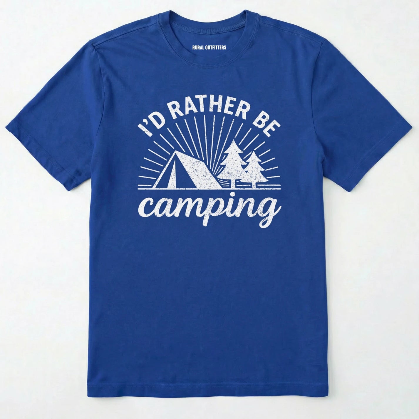Royal camping shirt with 'i'd rather be camping' with tent and trees graphic on a white background.