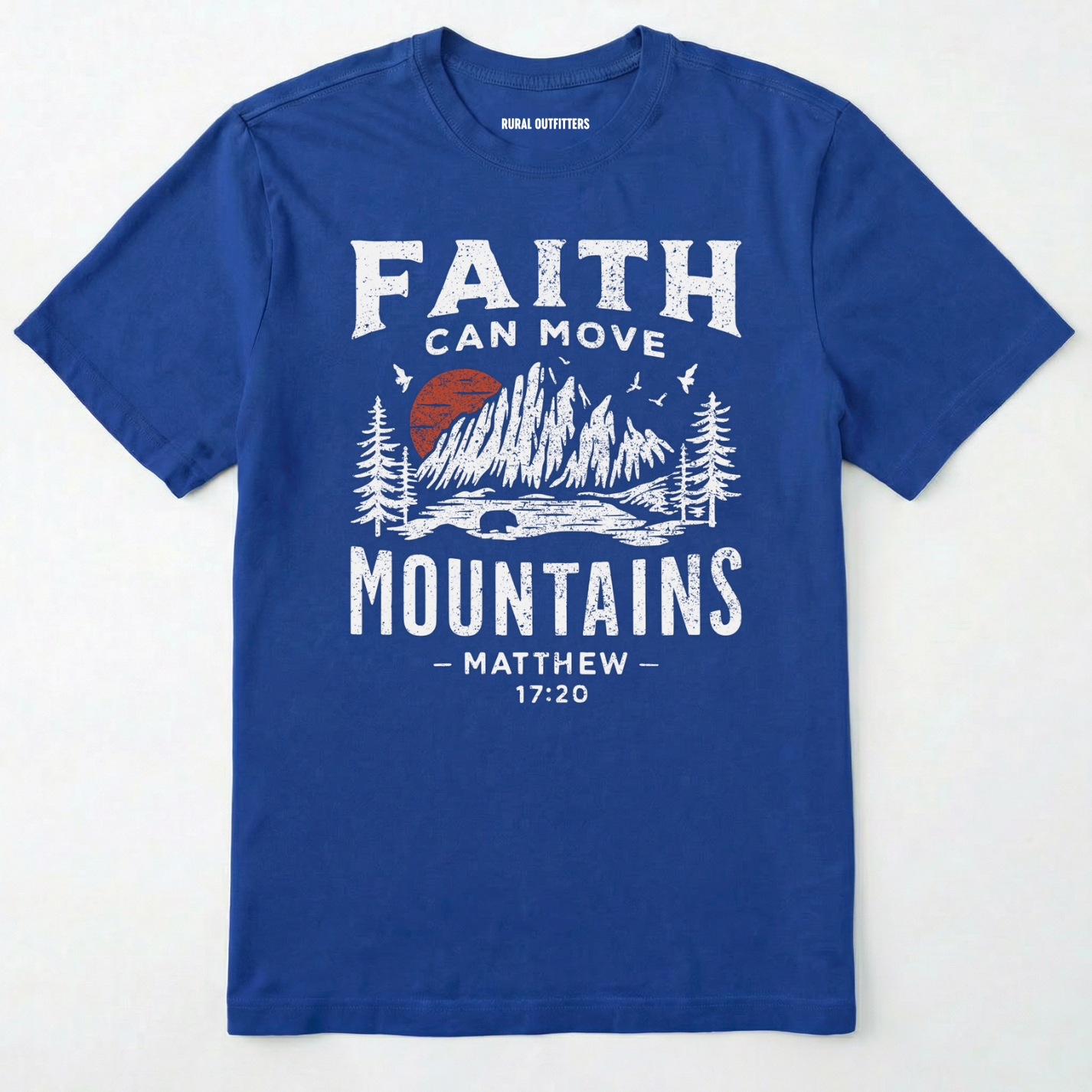 Royal bible verse t-shirt with 'faith can move mountains' text with outdoor graphic design on a white background.