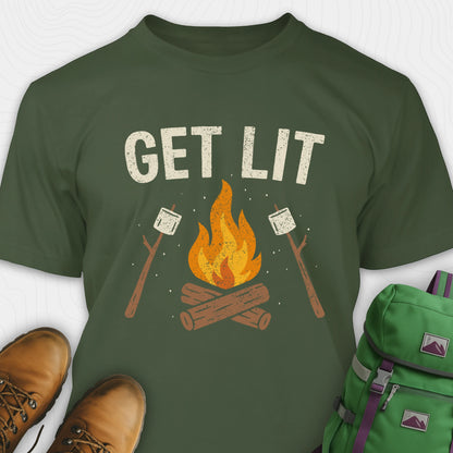 Green let’s get lit shirt with campfire and marshmallows graphic