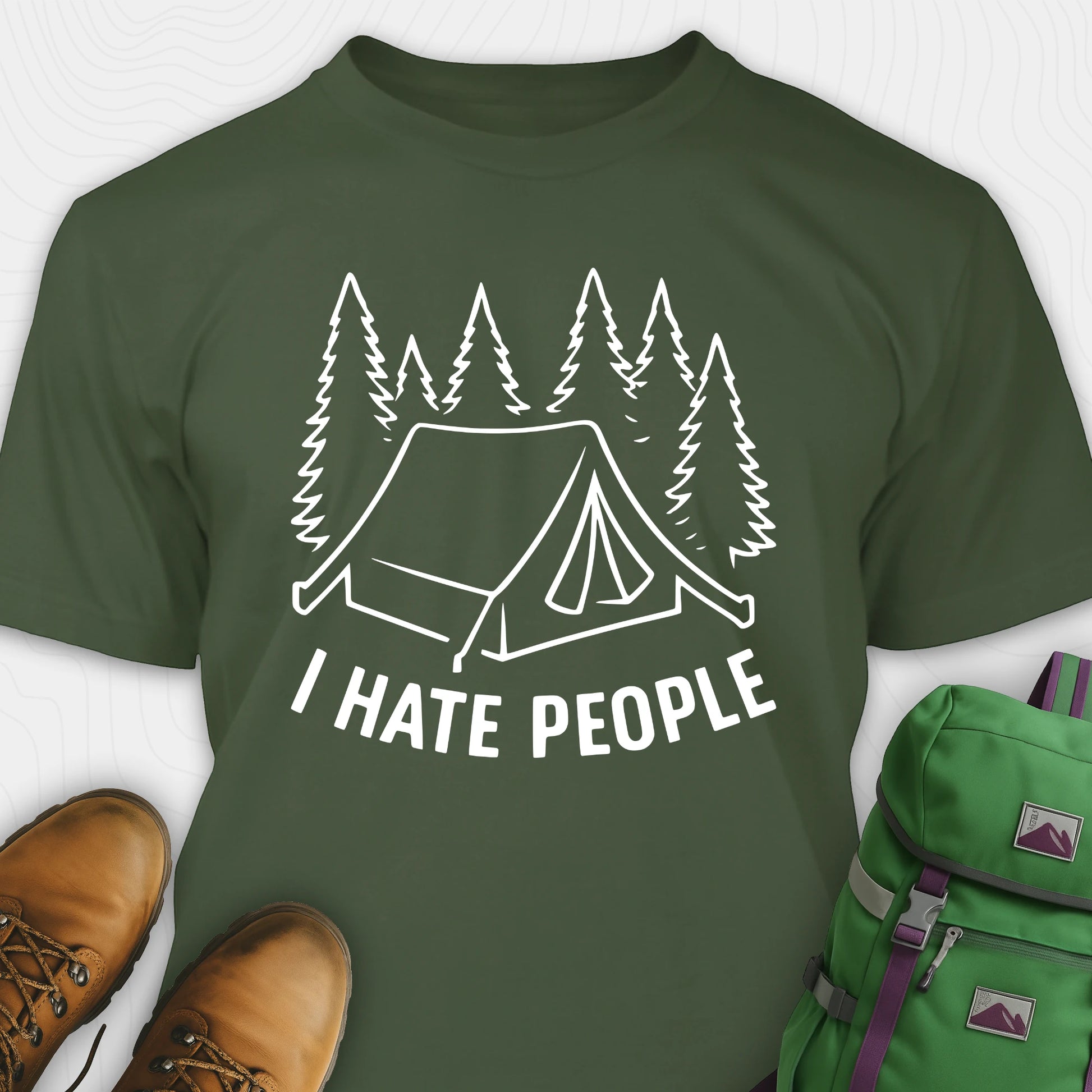 Green I hate everybody t-shirt with tent and pine tree graphic
