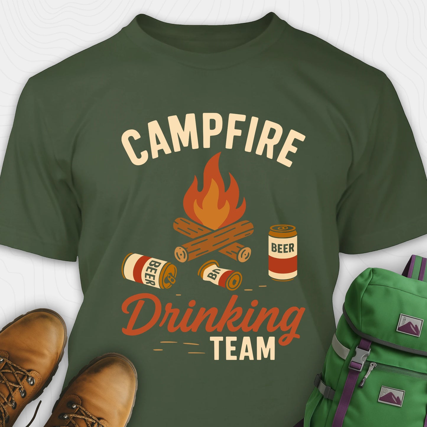 Green campfire drinking team t-shirt with beer cans and campfire graphic