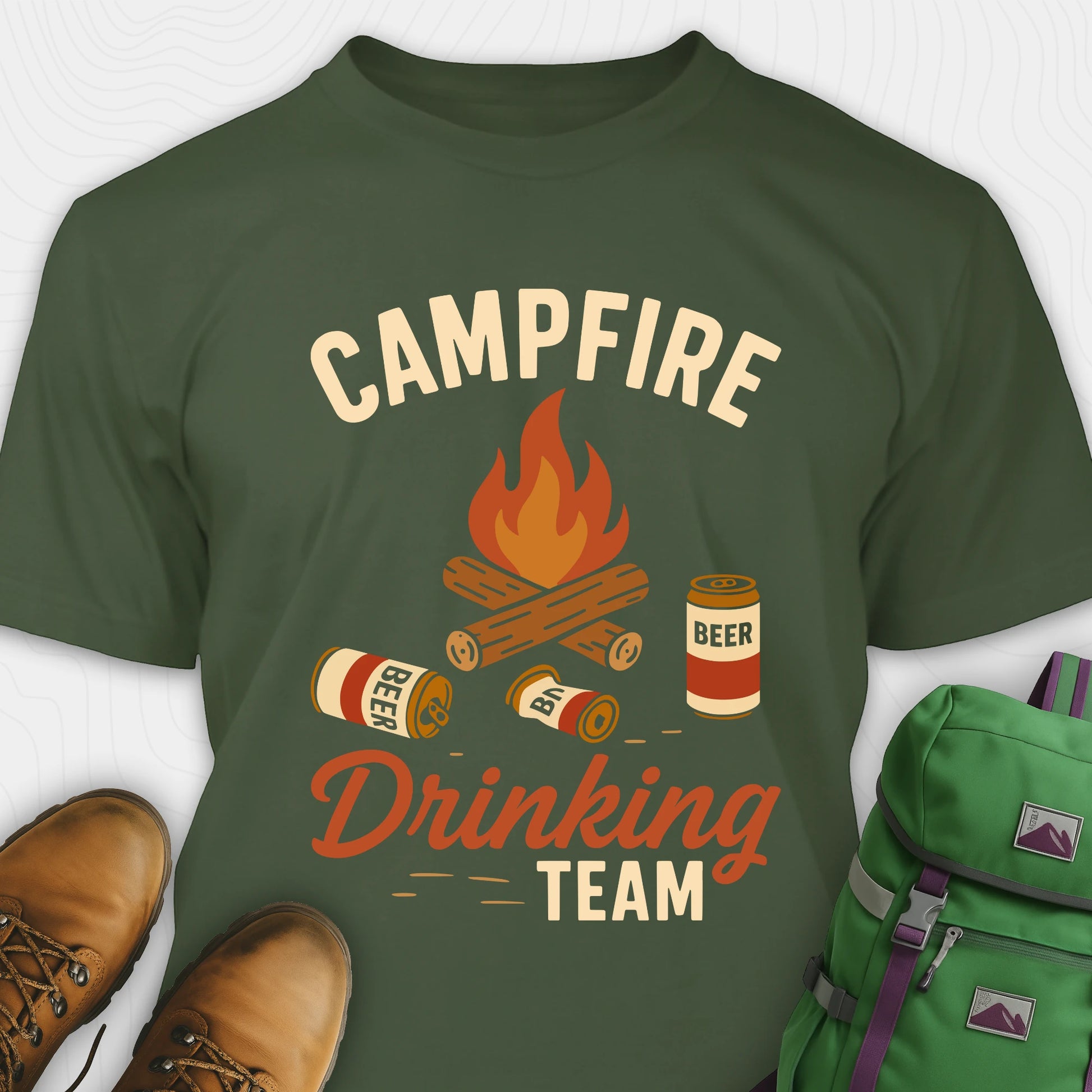 Green campfire drinking team t-shirt with beer cans and campfire graphic