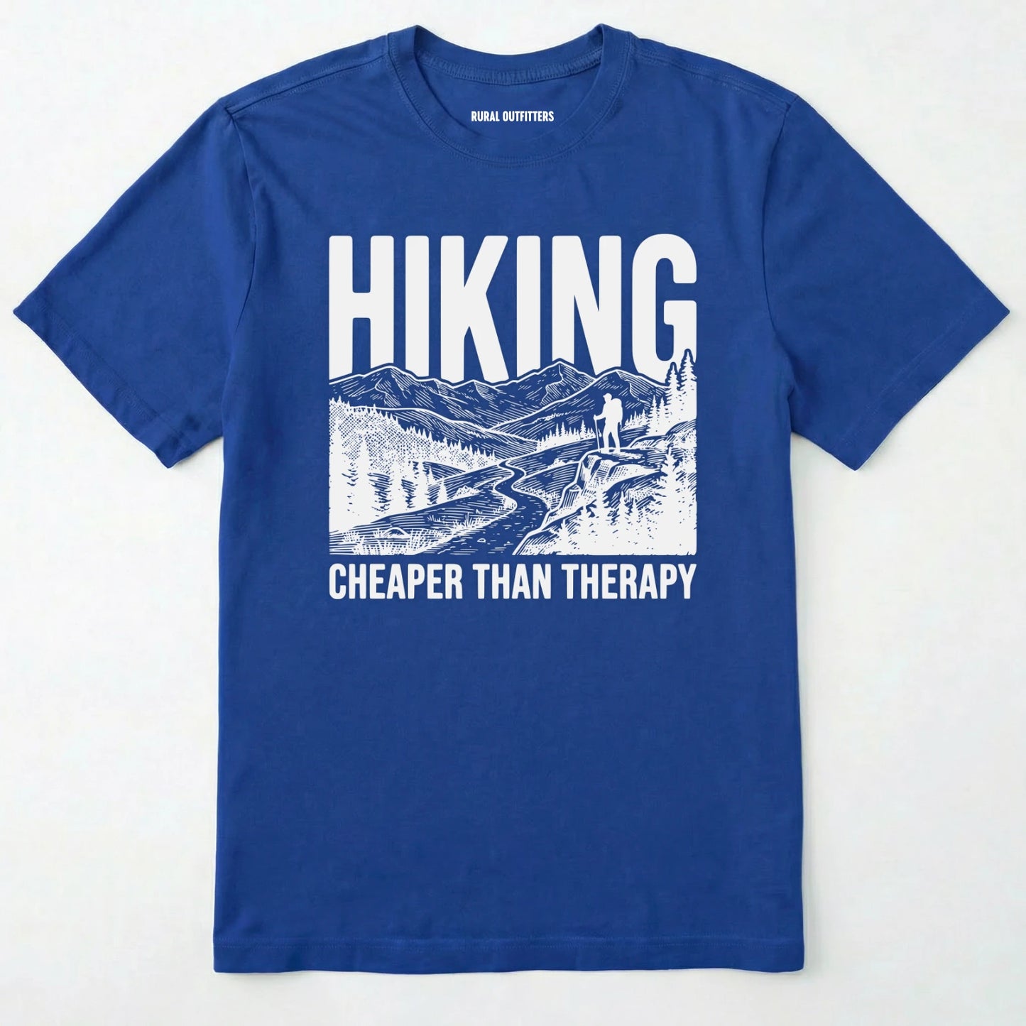 Royal t-shirt with hiking graphic and text on a white background