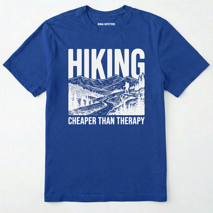 Royal t-shirt with hiking graphic and text on a white background