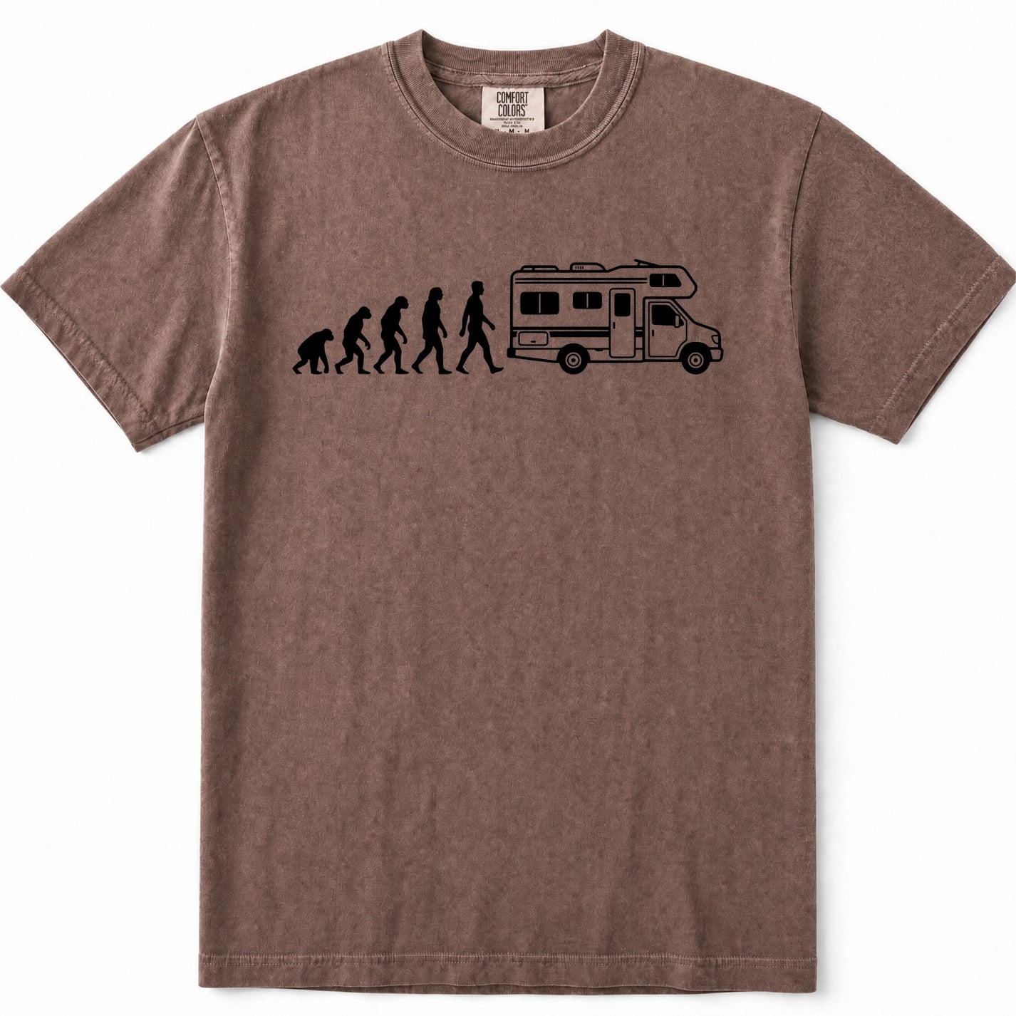 Espresso short-sleeve crewneck t-shirt in a washed, heathered brown color, featuring a black graphic print of the evolution sequence transitioning into a walking camper van.
