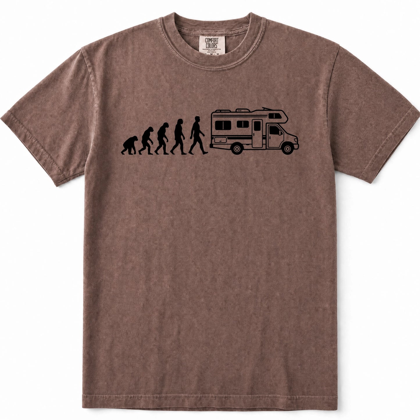Espresso short-sleeve crewneck t-shirt in a washed, heathered brown color, featuring a black graphic print of the evolution sequence transitioning into a walking camper van.