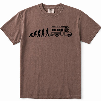 Espresso short-sleeve crewneck t-shirt in a washed, heathered brown color, featuring a black graphic print of the evolution sequence transitioning into a walking camper van.