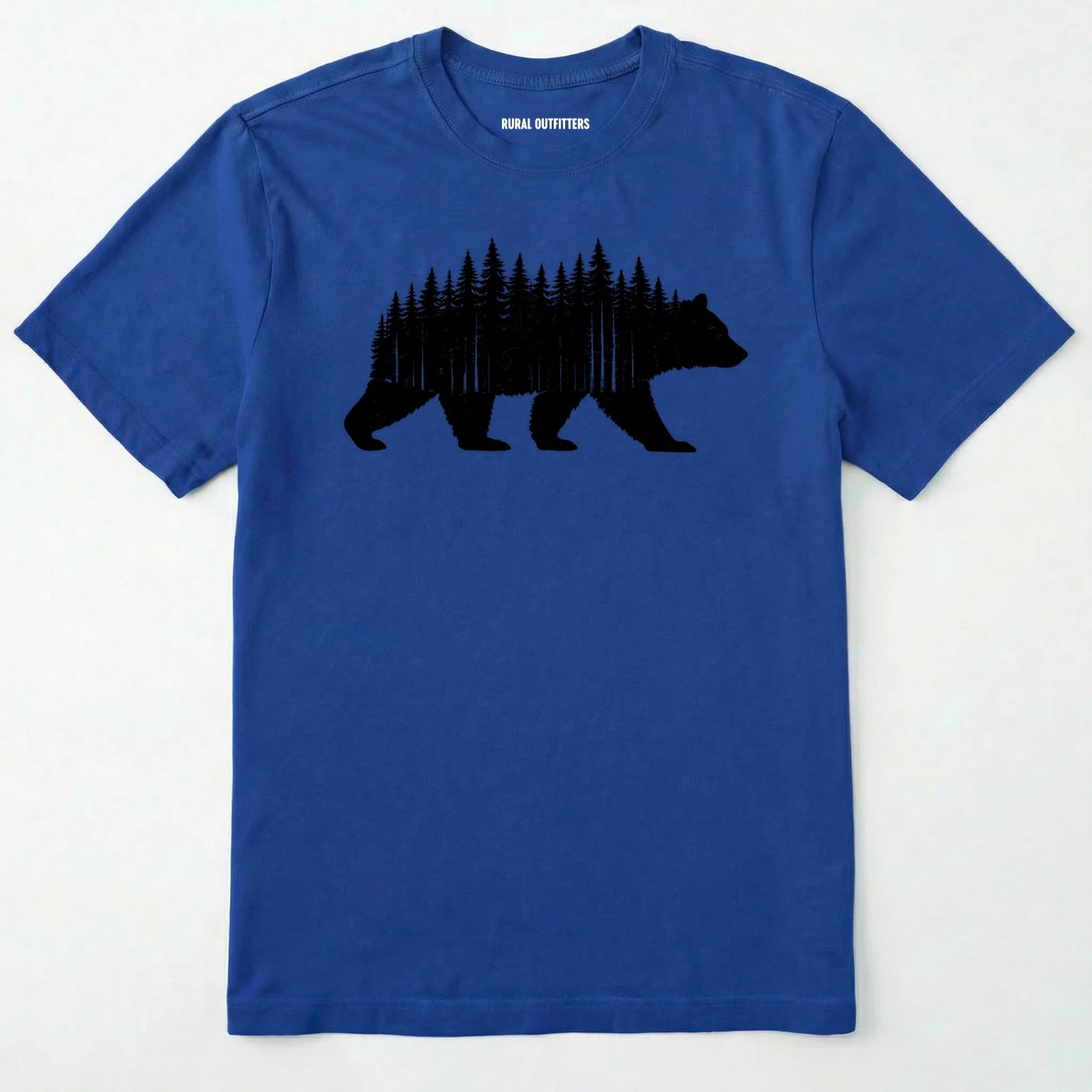 Royal t-shirt with a black bear and forest design on a white background