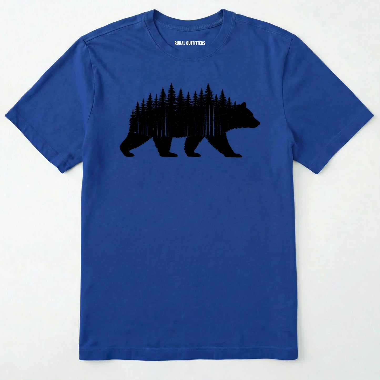 Royal t-shirt with a black bear and forest design on a white background