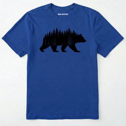 Royal t-shirt with a black bear and forest design on a white background
