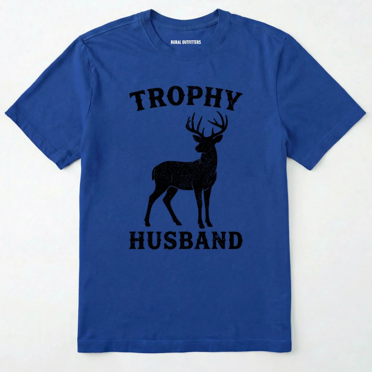 Royal t-shirt with black deer graphic and 'trophy husband' text on a white background
