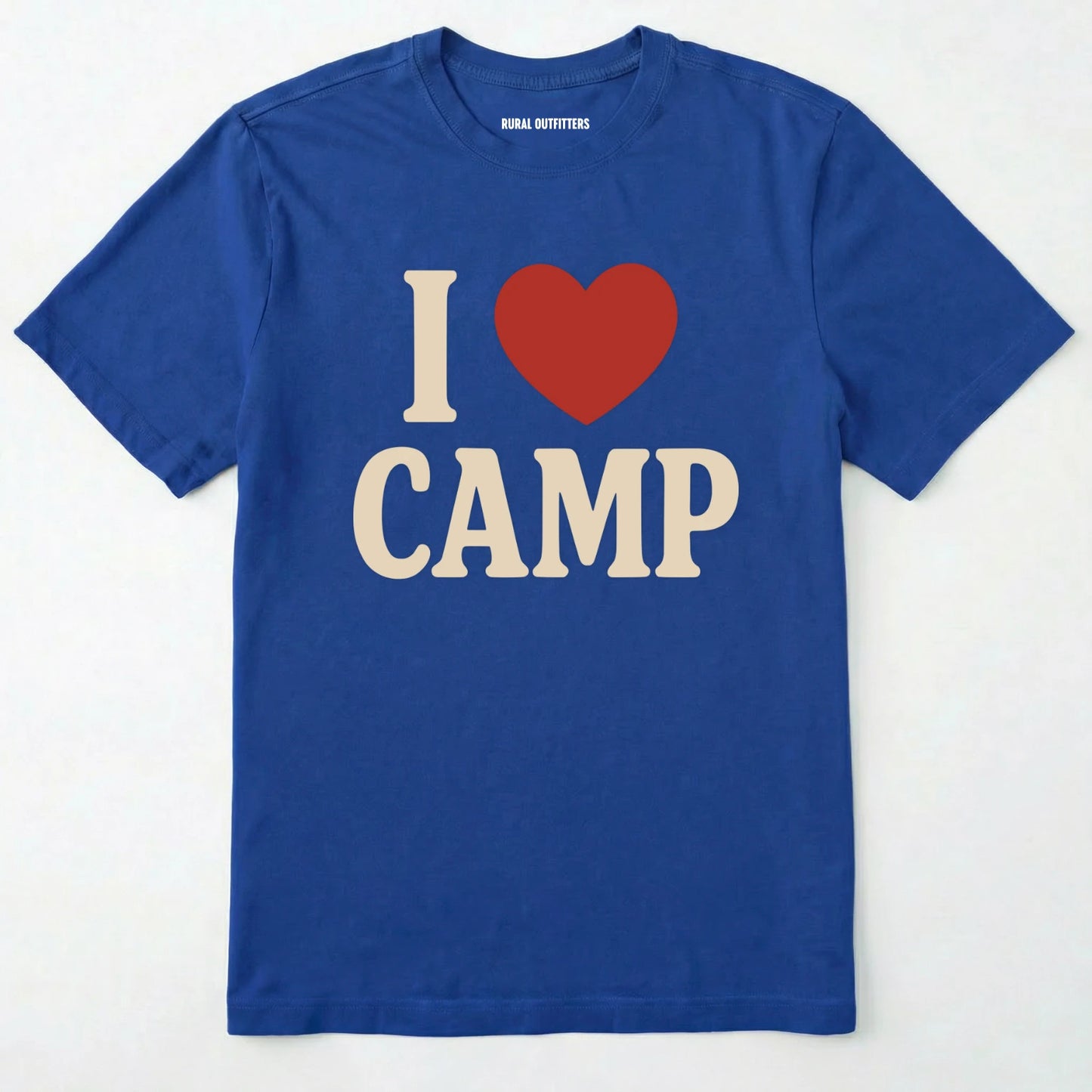 Royal i love camp t-shirt with bold text and heart design on a white background.