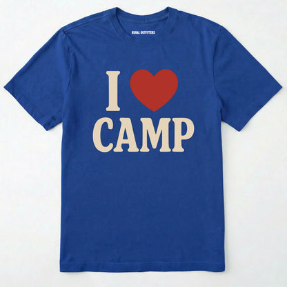 Royal i love camp t-shirt with bold text and heart design on a white background.