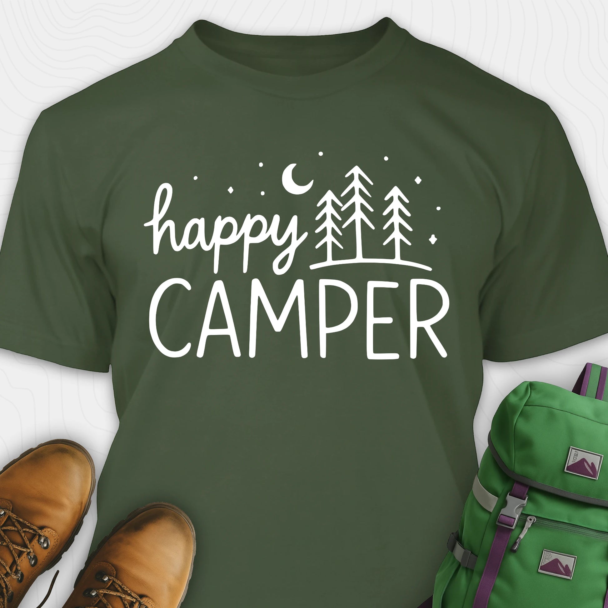 Green women’s happy camper shirt with trees and moon graphic