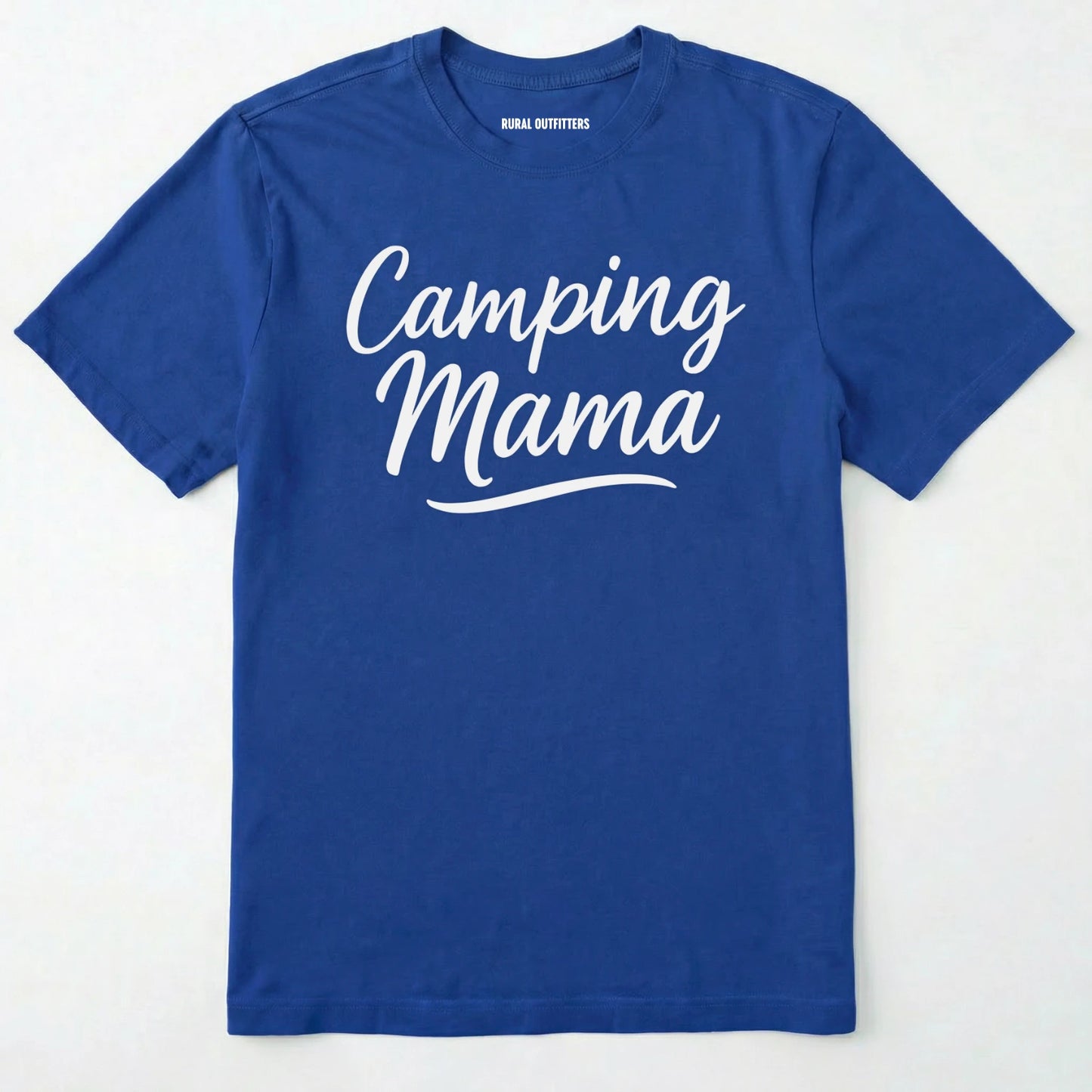 Royal camping mama shirt with script design on a white background.