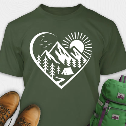 Green nature t-shirt featuring heart graphic with mountains, trees, and tent illustration