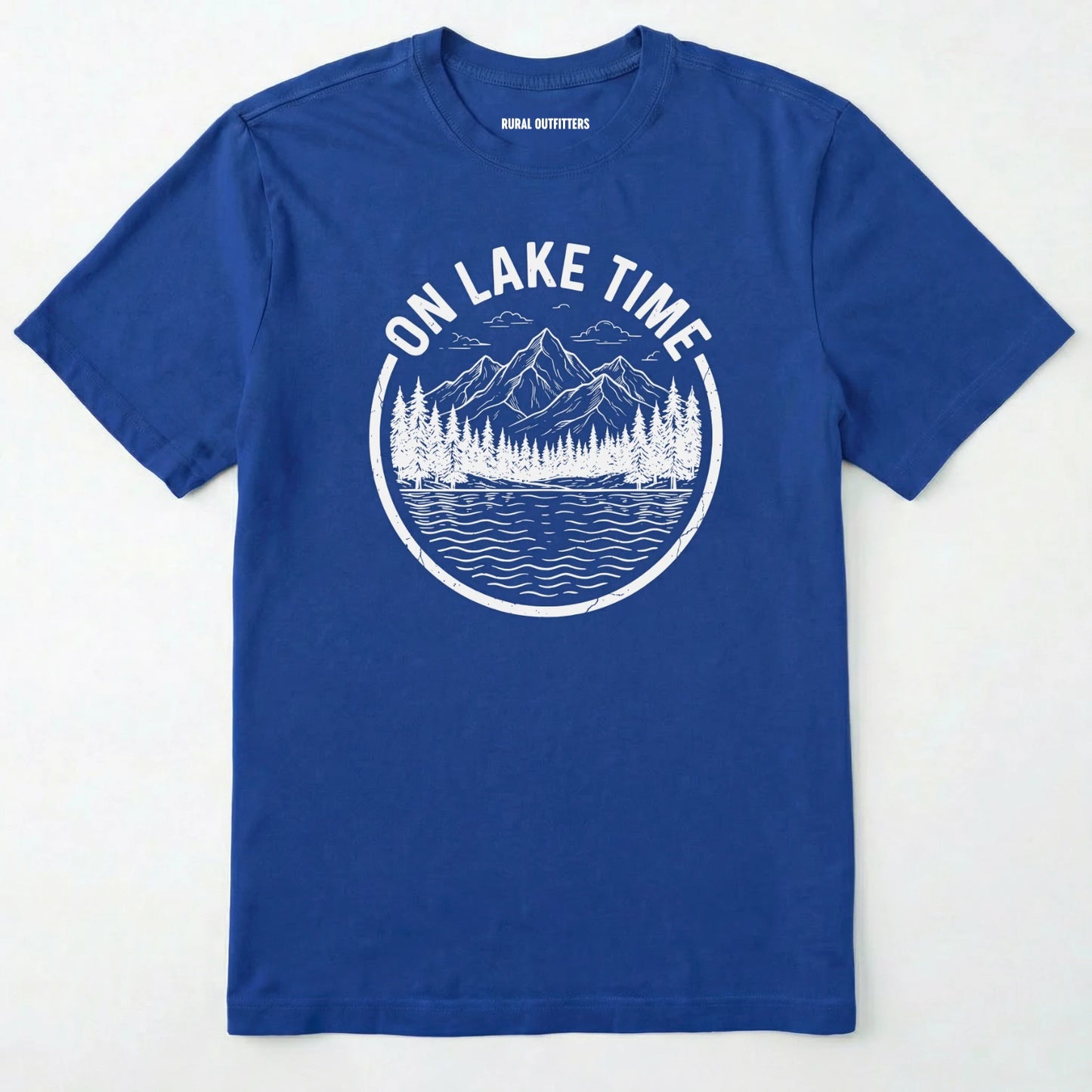 Royal t-shirt with 'on lake time' graphic design on a white background