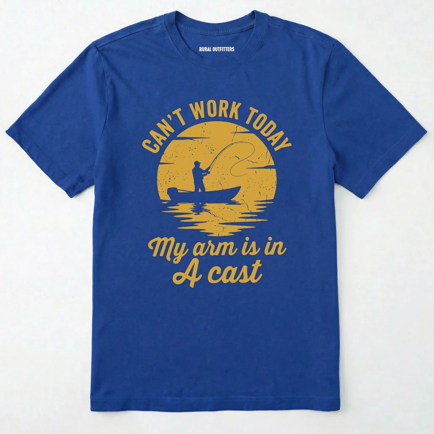 Royal t-shirt with yellow graphic and text on a white background