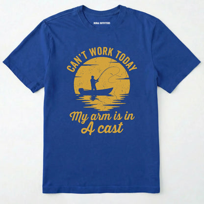 Royal t-shirt with yellow graphic and text on a white background