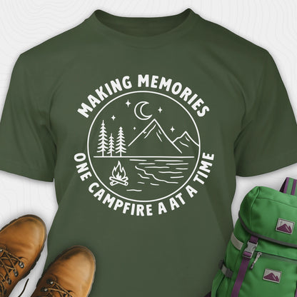 Green making memories t-shirt with mountains and moon graphic