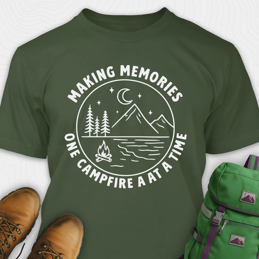 Green making memories t-shirt with mountains and moon graphic