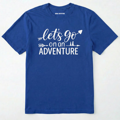 Royal lets go on an adventure shirt with an arrow and trees graphic on a light grey background.