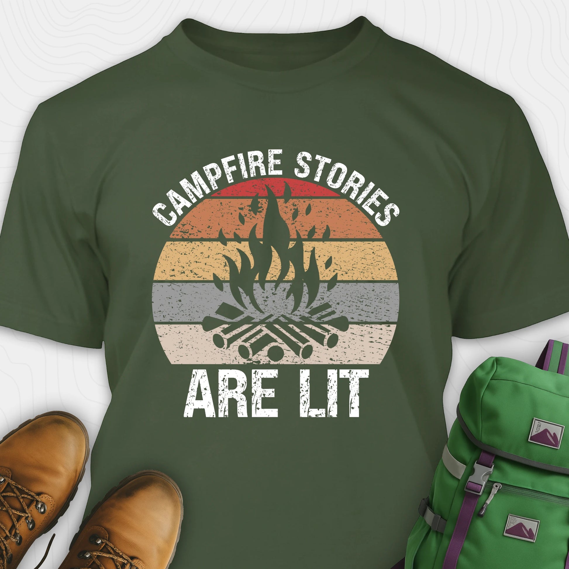 Green campfire stories are lit t-shirt with campfire and retro design