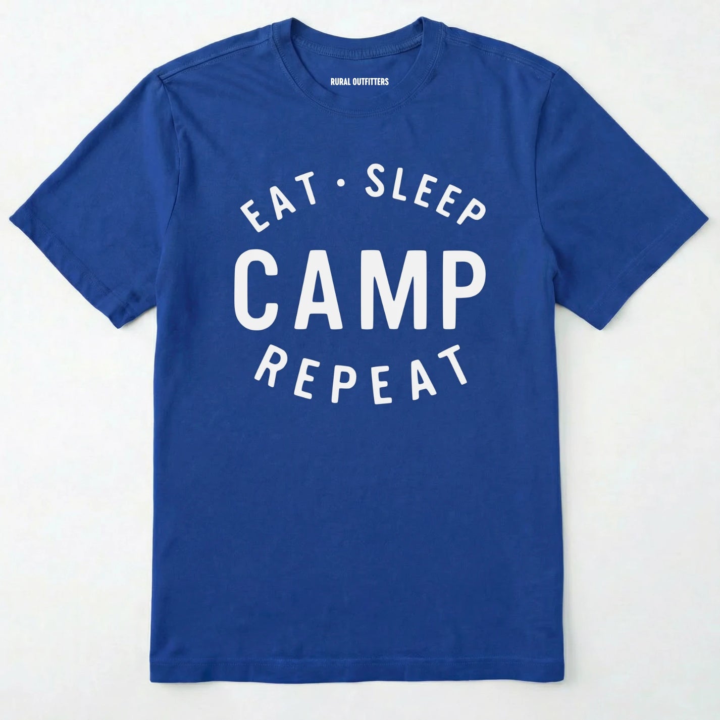 Royal eat sleep camp repeat t-shirt with bold text on a white background.