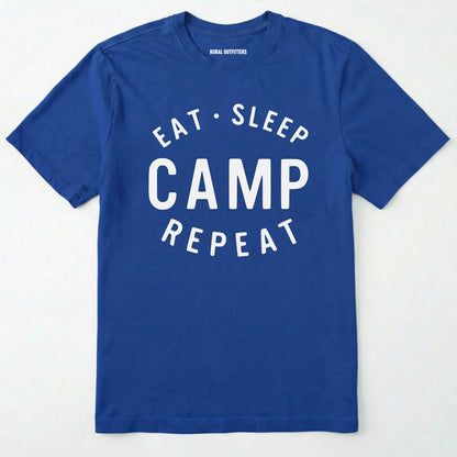 Royal eat sleep camp repeat t-shirt with bold text on a white background.