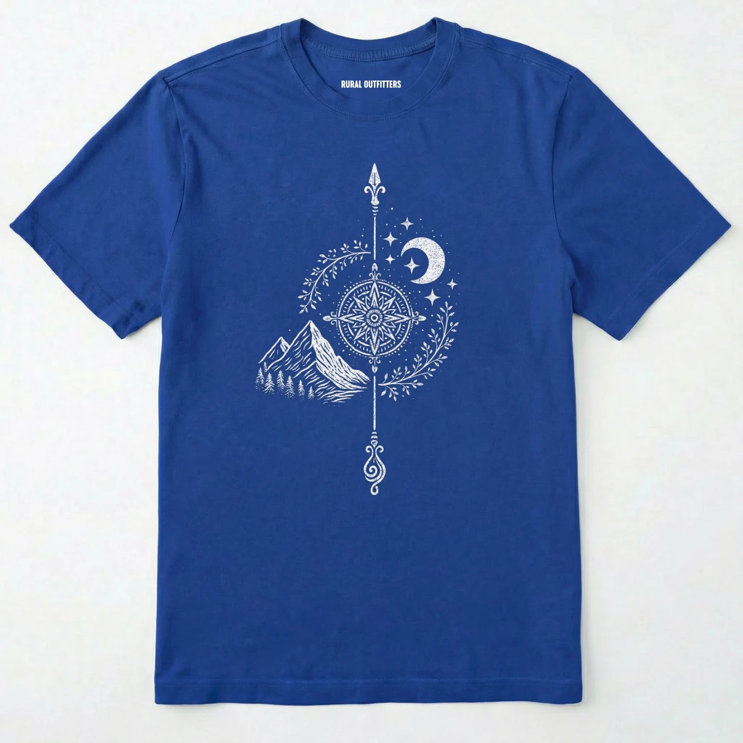 Royal women's hiking shirt with a white graphic design of a compass, moon, and mountains on a white background.