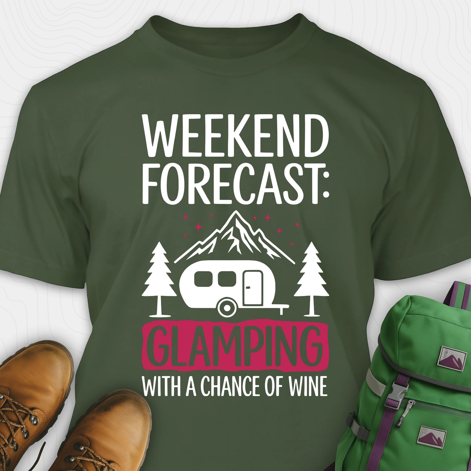 Green glamping shirt with camping trailer and forest illustration