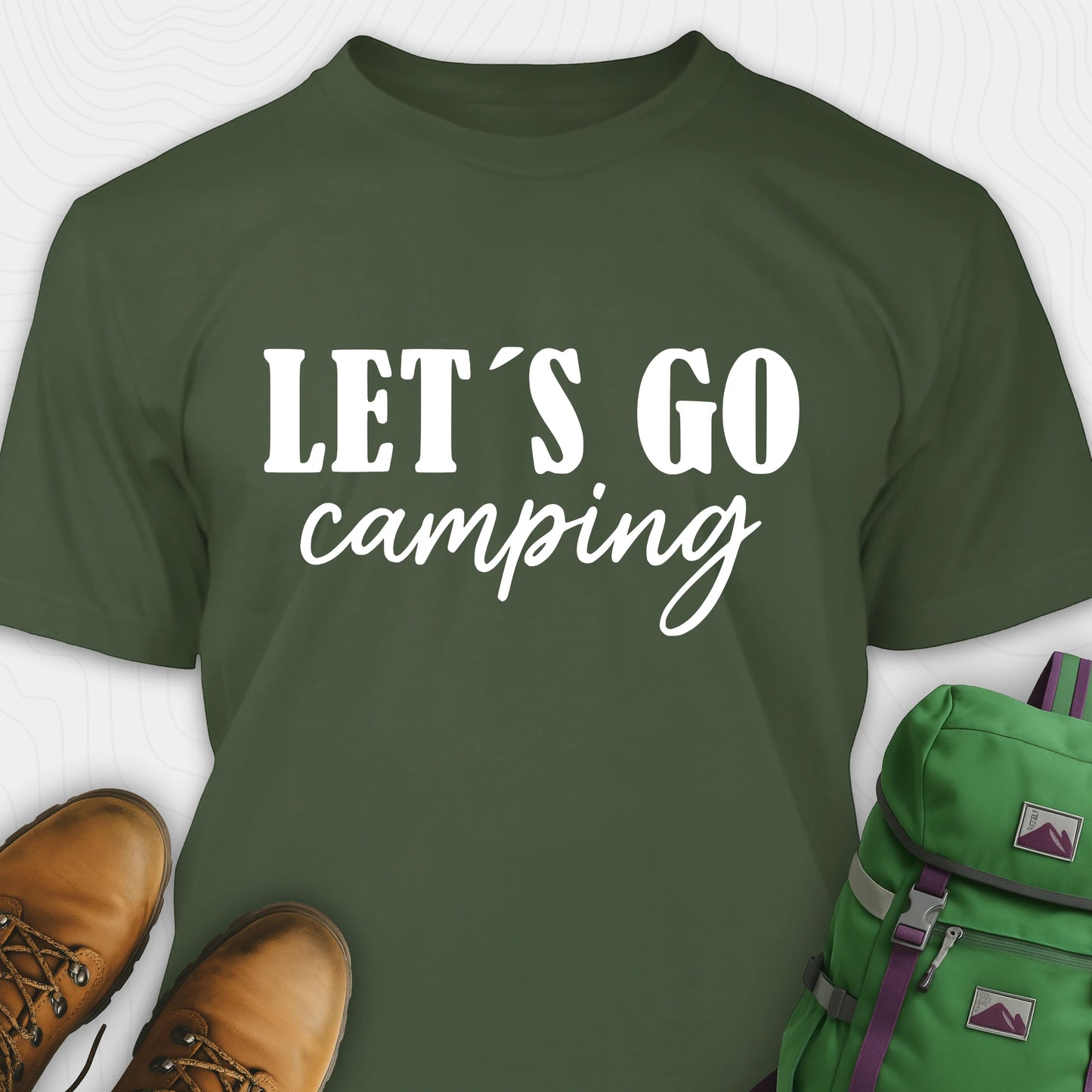 Green lets go camping shirt with simple adventure typography