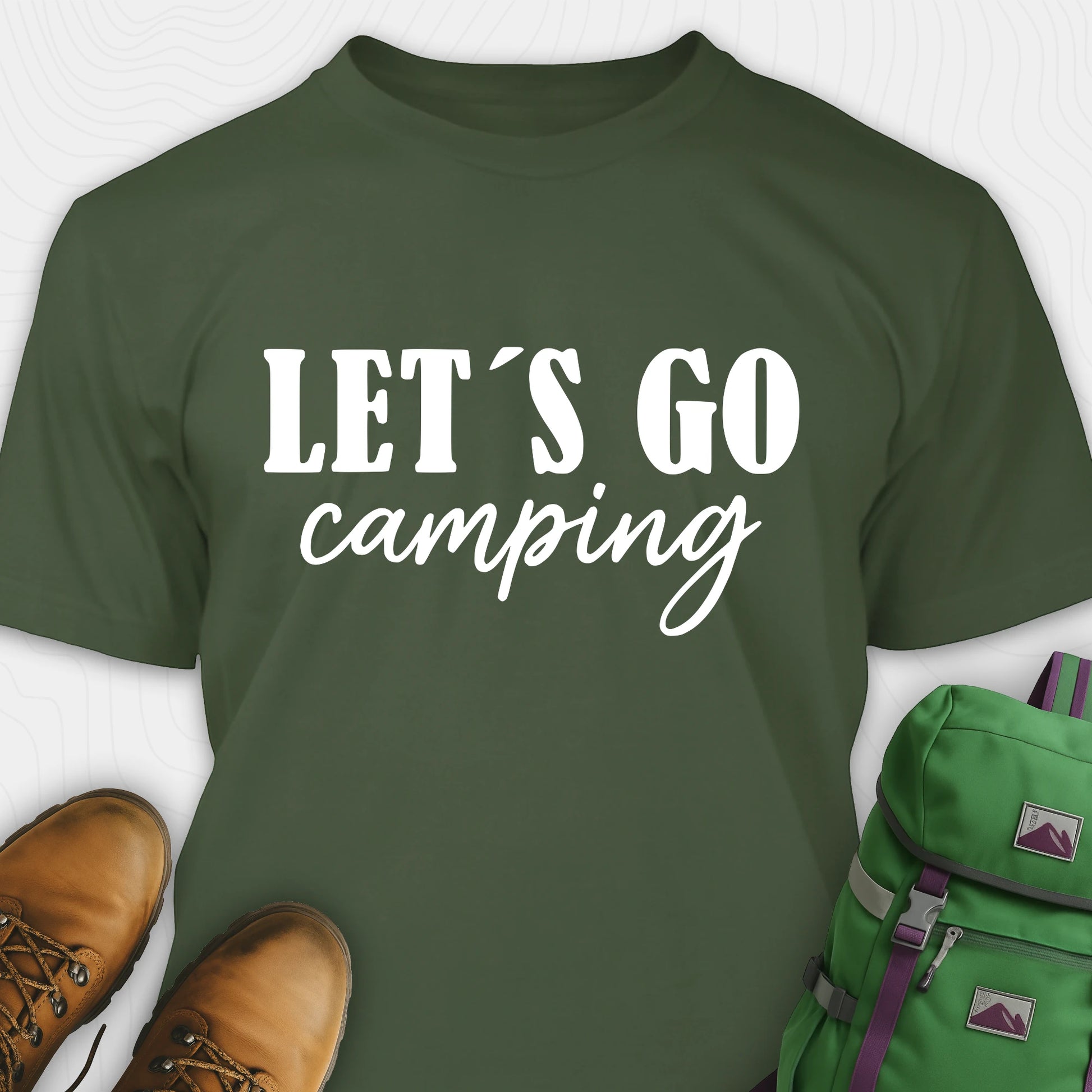 Green lets go camping shirt with simple adventure typography