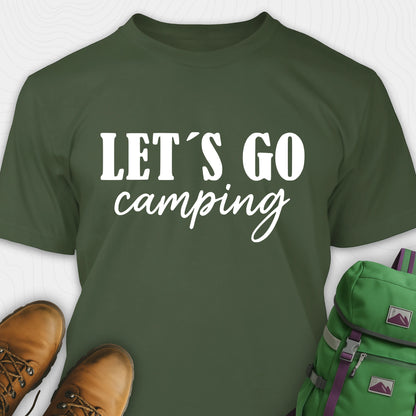 Green lets go camping shirt with simple adventure typography