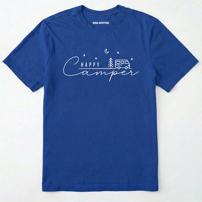 Royal happy camper tee with minimalist camper and night sky design on a white background