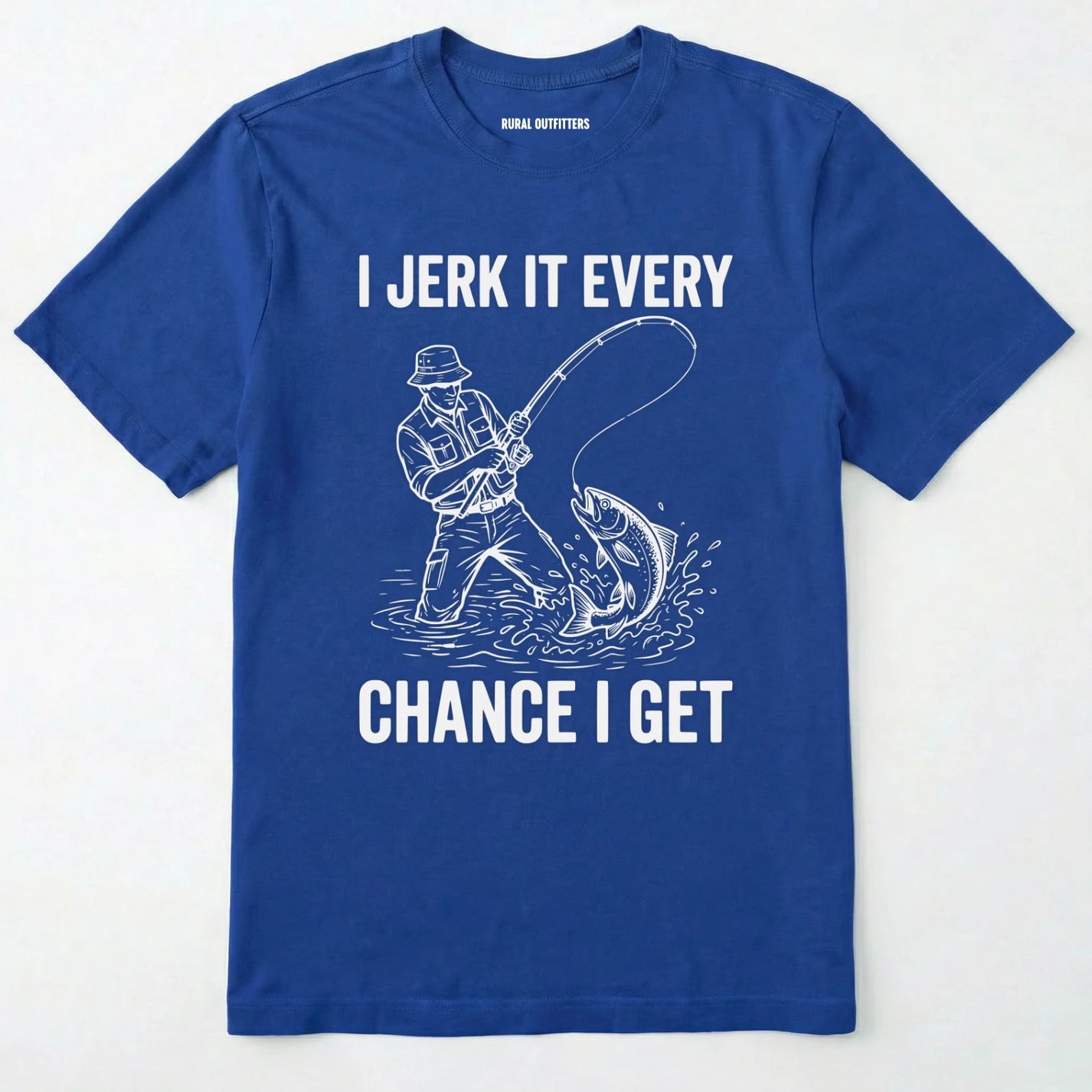 Royal t-shirt with white graphic and text on a white background
