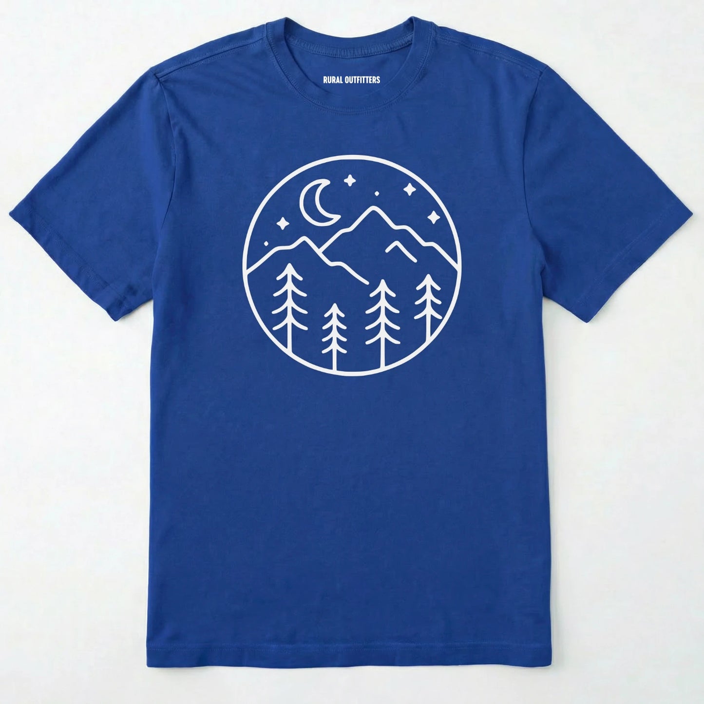 Royal moon and stars shirt with minimalist mountain and forest design on a white background.