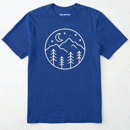 Royal moon and stars shirt with minimalist mountain and forest design on a white background.
