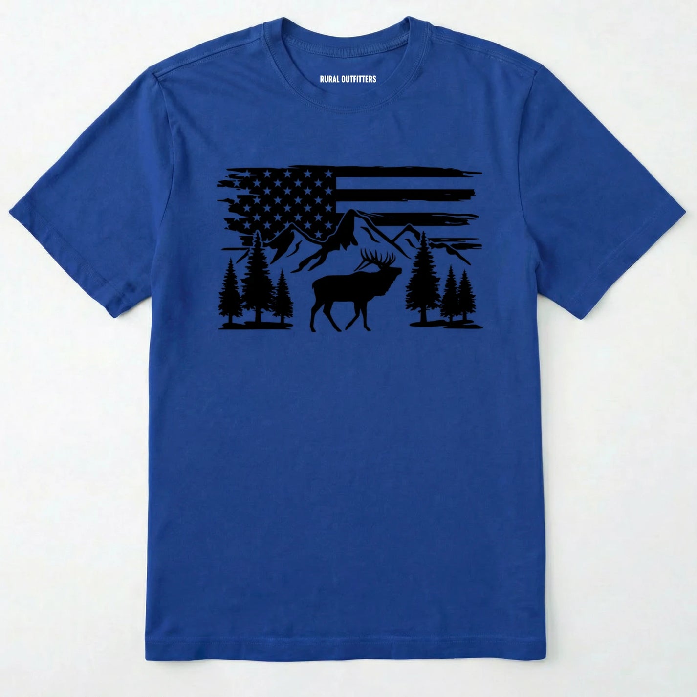 Royal deer t-shirt with black graphic design of an american flag, trees, and a elk graphic.
