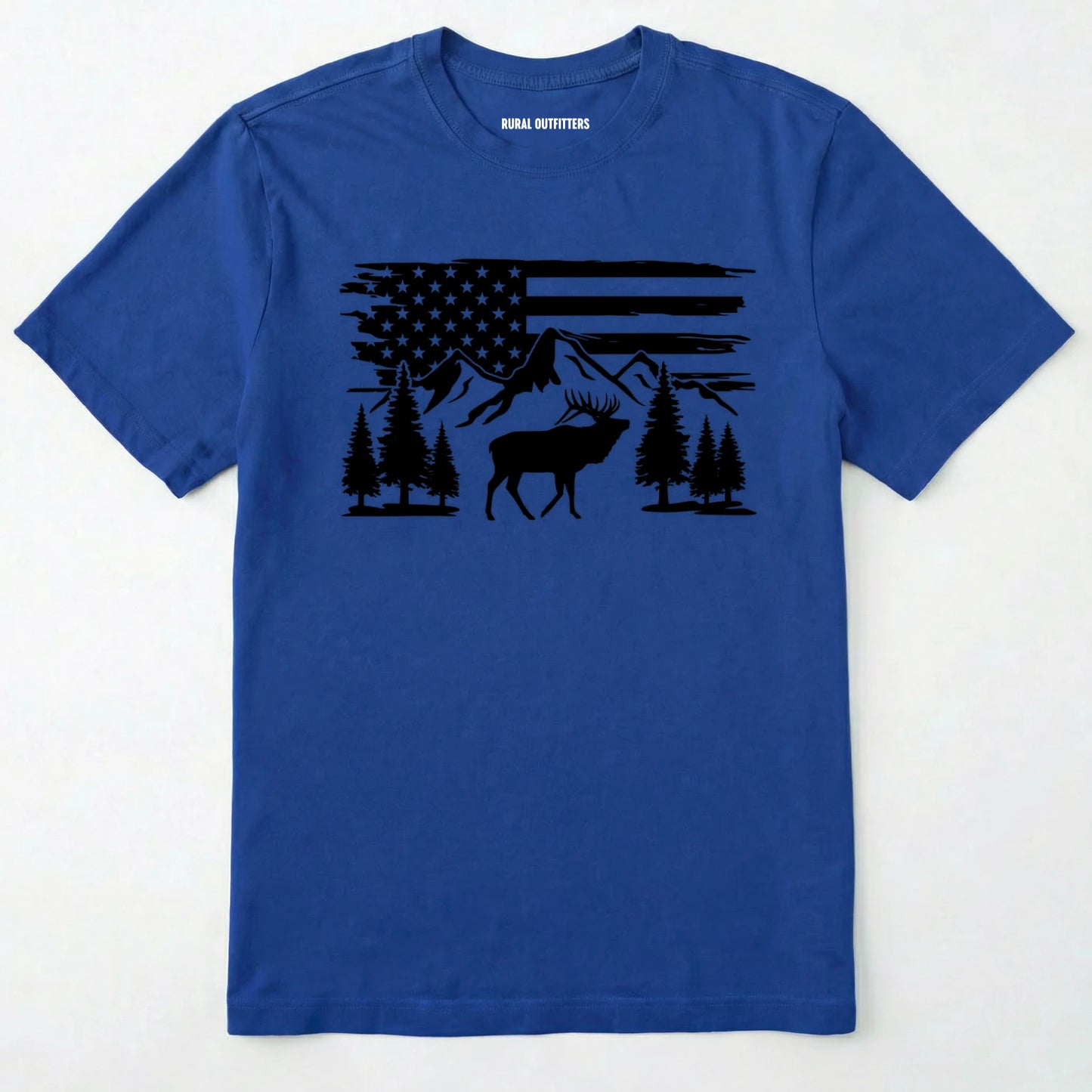 Royal deer t-shirt with black graphic design of an american flag, trees, and a elk graphic.