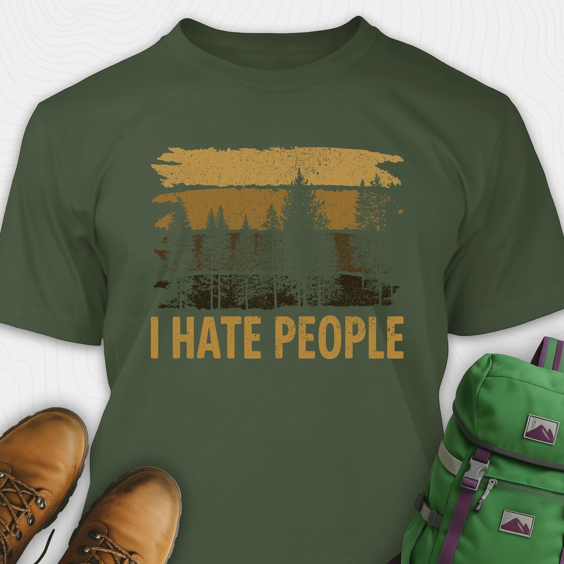 Green I hate people t-shirt with distressed forest graphic